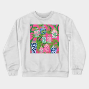 Chinoiserie jars and banana leaves on hot pink Crewneck Sweatshirt